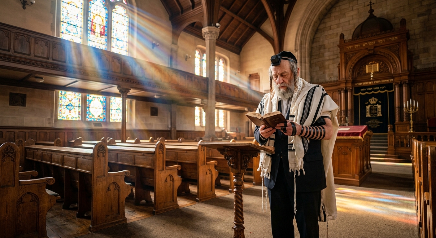 גבר יהודי מבוגר עוטה טלית ותפילין קורא בסידור תפילה בתוך בית כנסת, כשברקע קרני אור מאירות דרך חלונות ויטראז'.