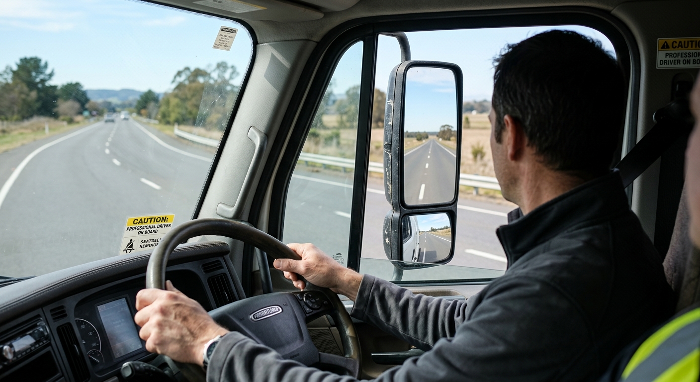נהג משאית מקצועי אוחז בהגה בזמן נהיגה בכביש מהיר, מבט מתוך תא הנהג.