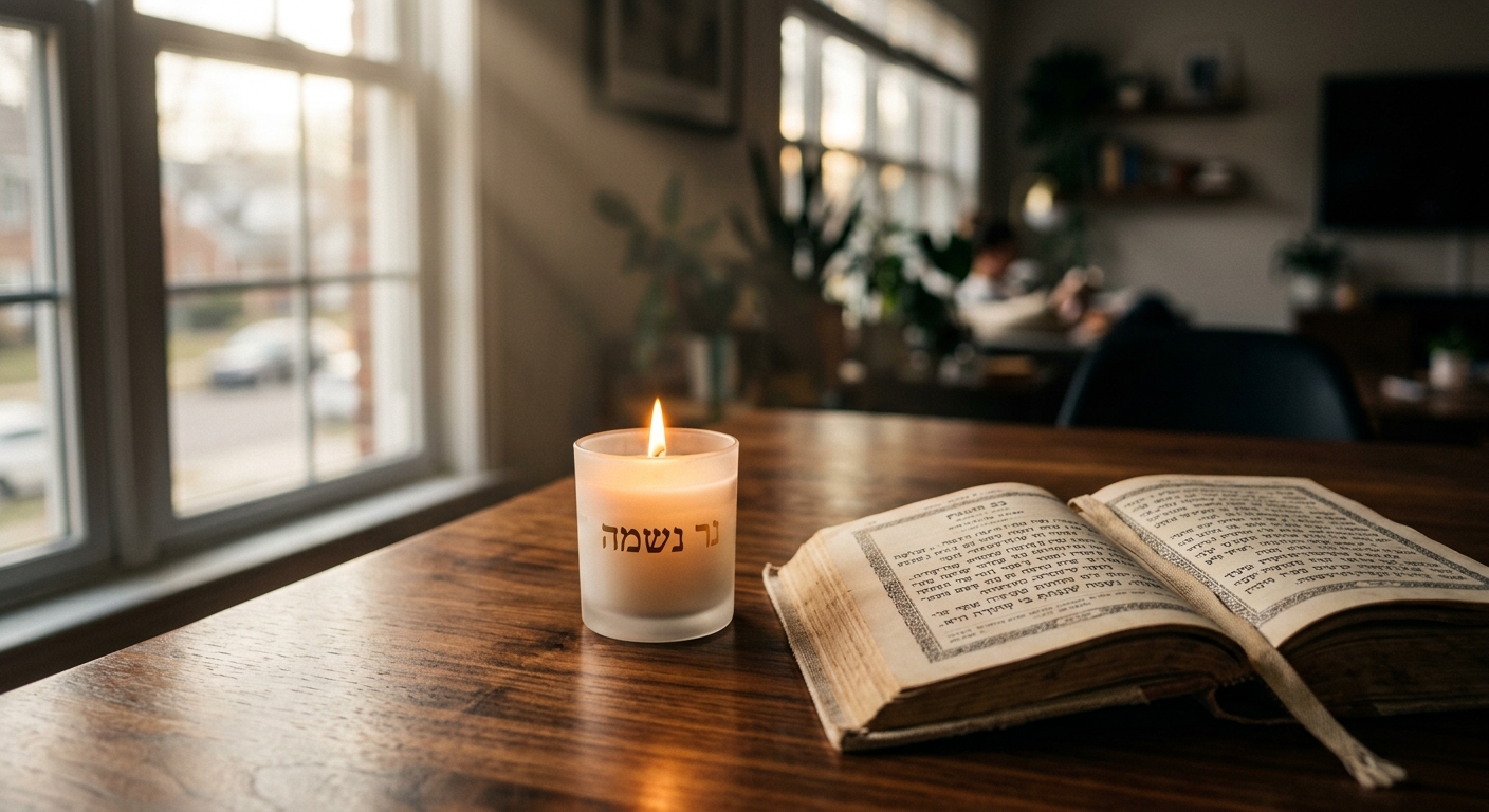 נר נשמה דולק עם הכיתוב 'נר נשמה' לצד ספר תפילה פתוח על שולחן עץ