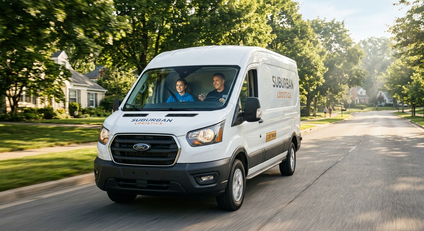 רכב משלוחים מסחרי לבן של חברת Suburban Logistics נוסע בכביש של שכונת פרברים ירוקה.